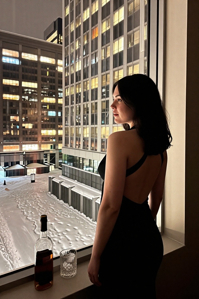 A vertical *******-style photograph shot with hard flash. A woman stands facing a floor-to-ceiling window,  looking out at...