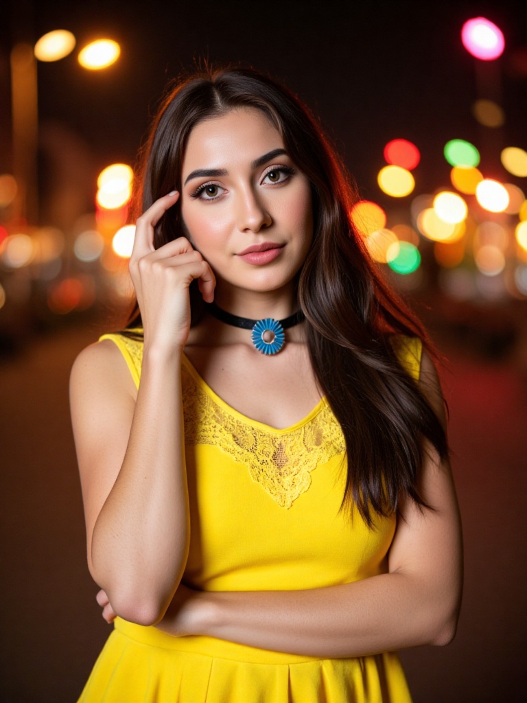 A woman with long,  dark brown hair and defined eyebrows poses thoughtfully for the camera. She is wearing a vibrant yello...