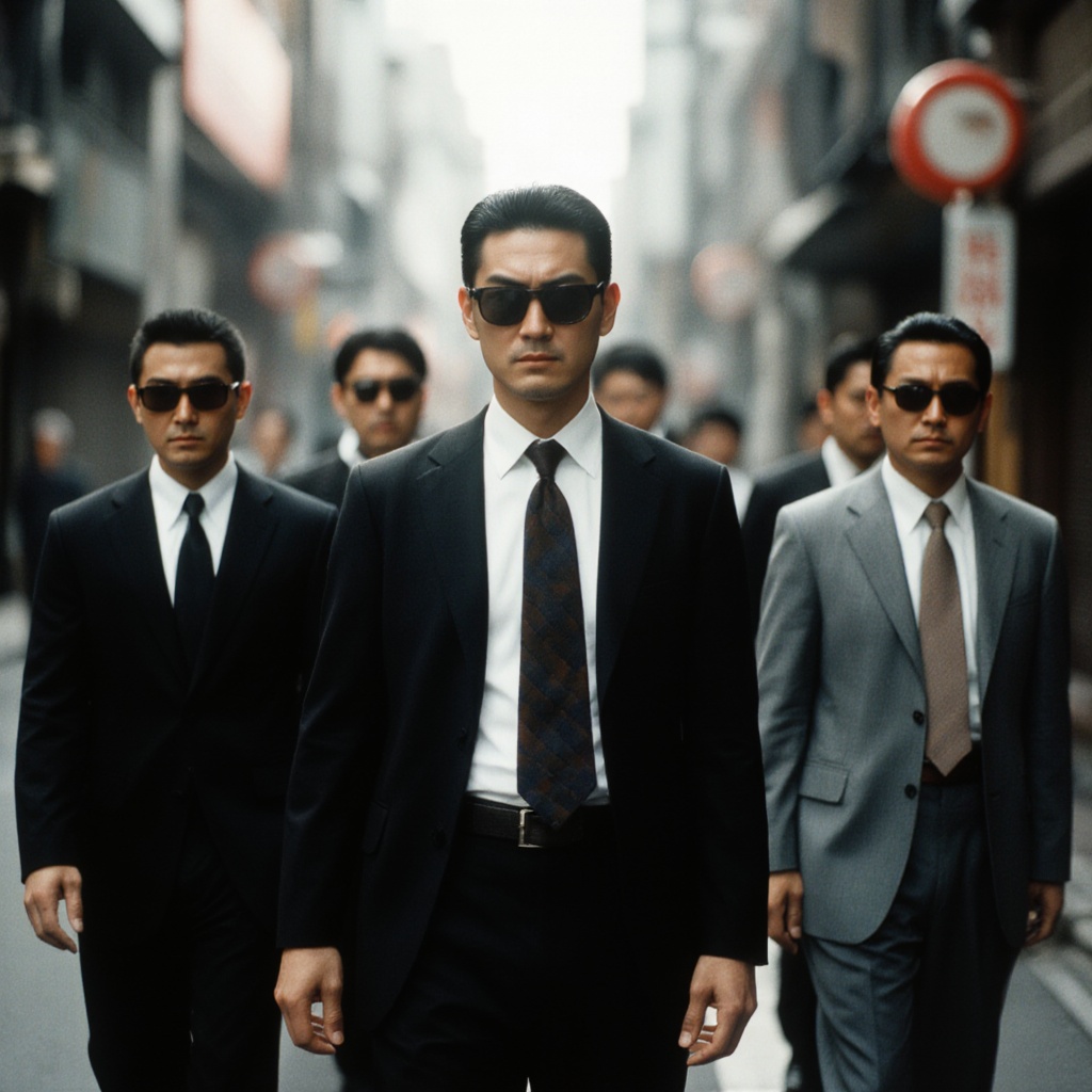 cinematic film still of In cinematic Japanese style a group of different gangster Japanese men in suits walking down a str...