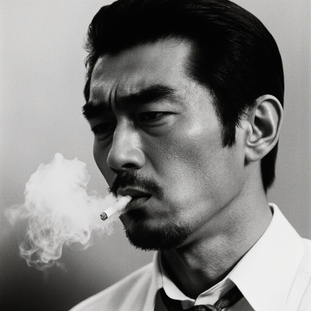 cinematic film still of In cinematic Japanese style a Japanese gangster man smoking a cigarette in a black and white photo...