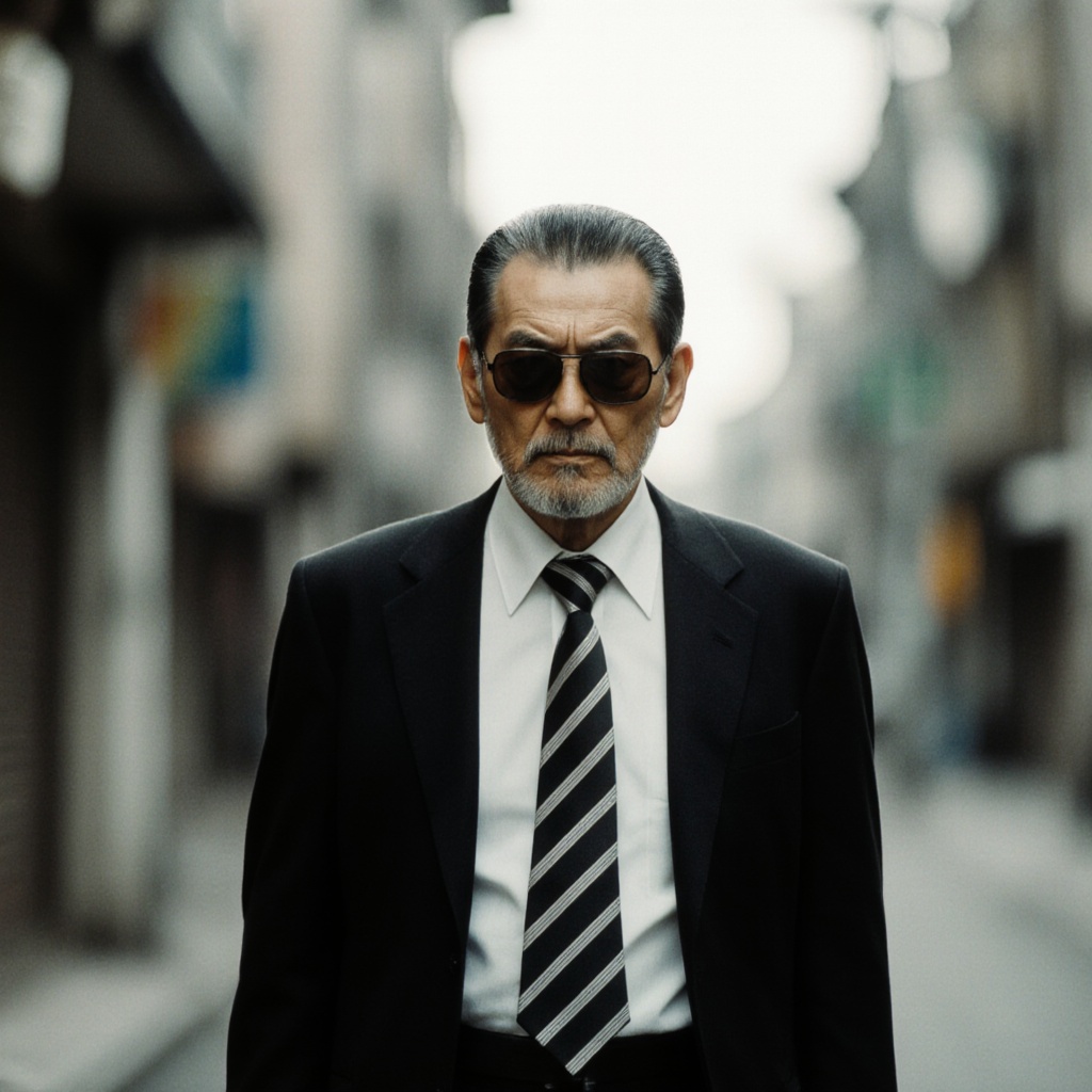 cinematic film still of In cinematic Japanese style a mature older Japanese gangster man in a suit and tie walking down a...
