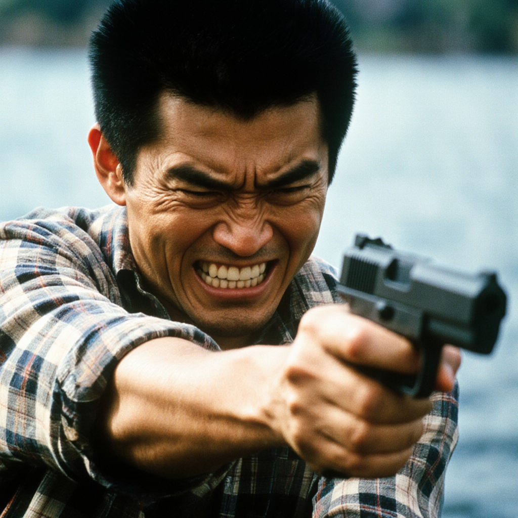 cinematic film still of In cinematic Japanese style a angry man aiming a gun with a angry teeth grin on his face,  perfect...