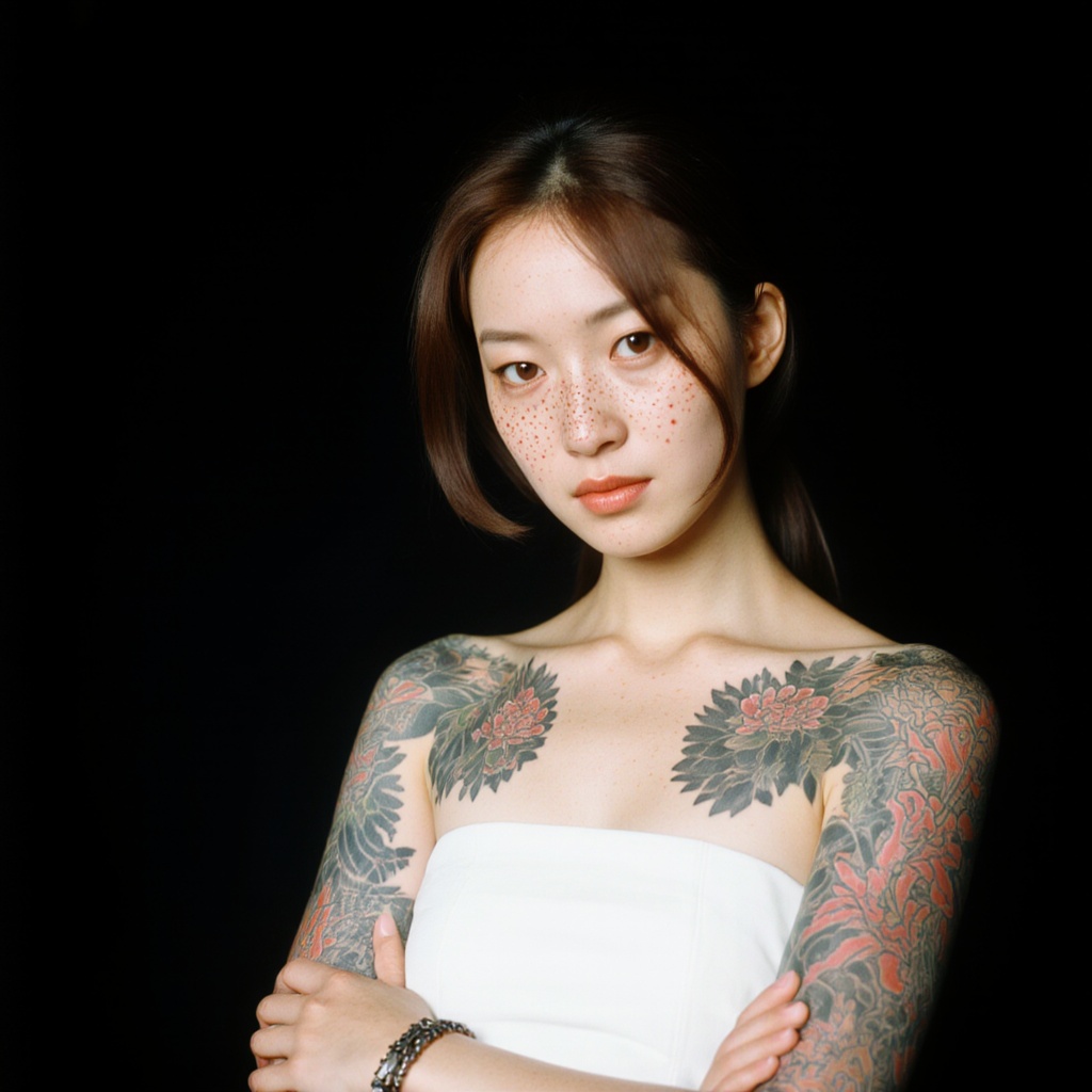 cinematic film still of In cinematic Japanese style a cute young Japanese woman with a tattoo on her arm,  perfect image,...