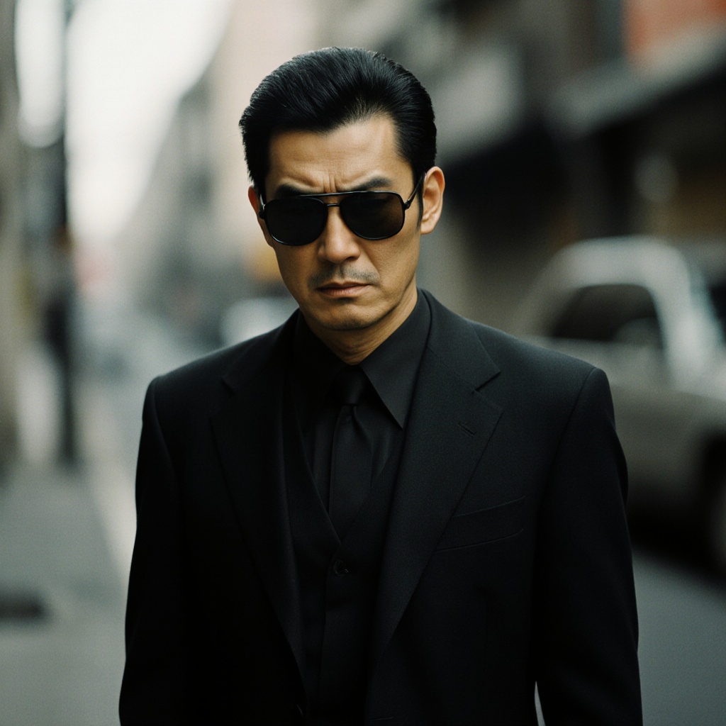 cinematic film still of In cinematic Japanese style a mafia man in a suit and sunglasses standing on a street,  perfect im...