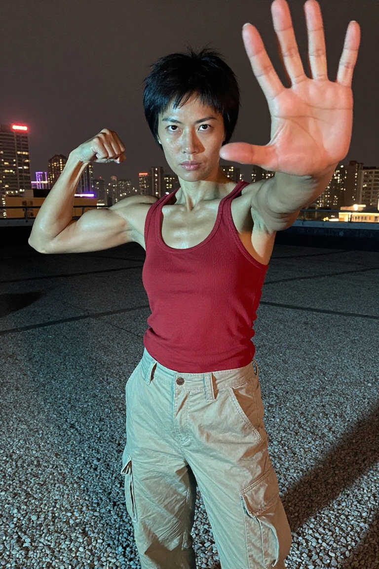 a strong asian woman with sun-kissed skin,  short pixie black hair,  in red **** top and cargo pants on Tensor.Art