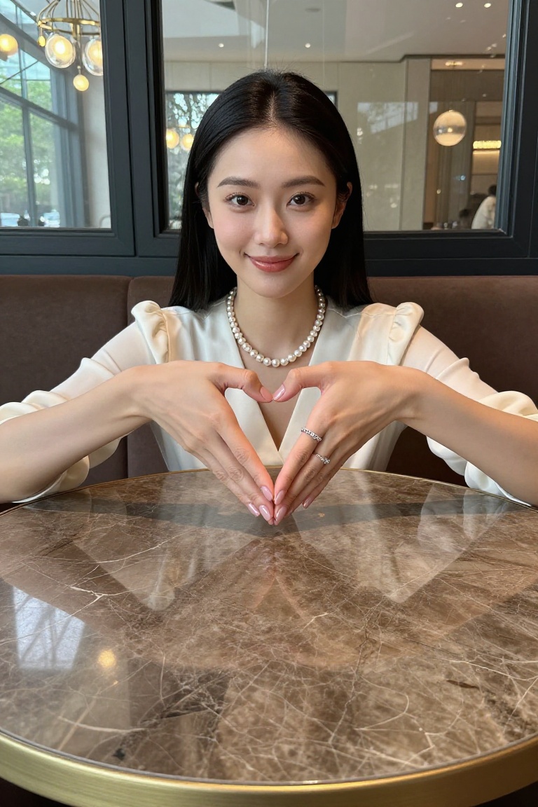 an elegant asian woman with smooth beige skin,  sleek straight black hair,  wearing pearl necklace and cream blouse on Ten...