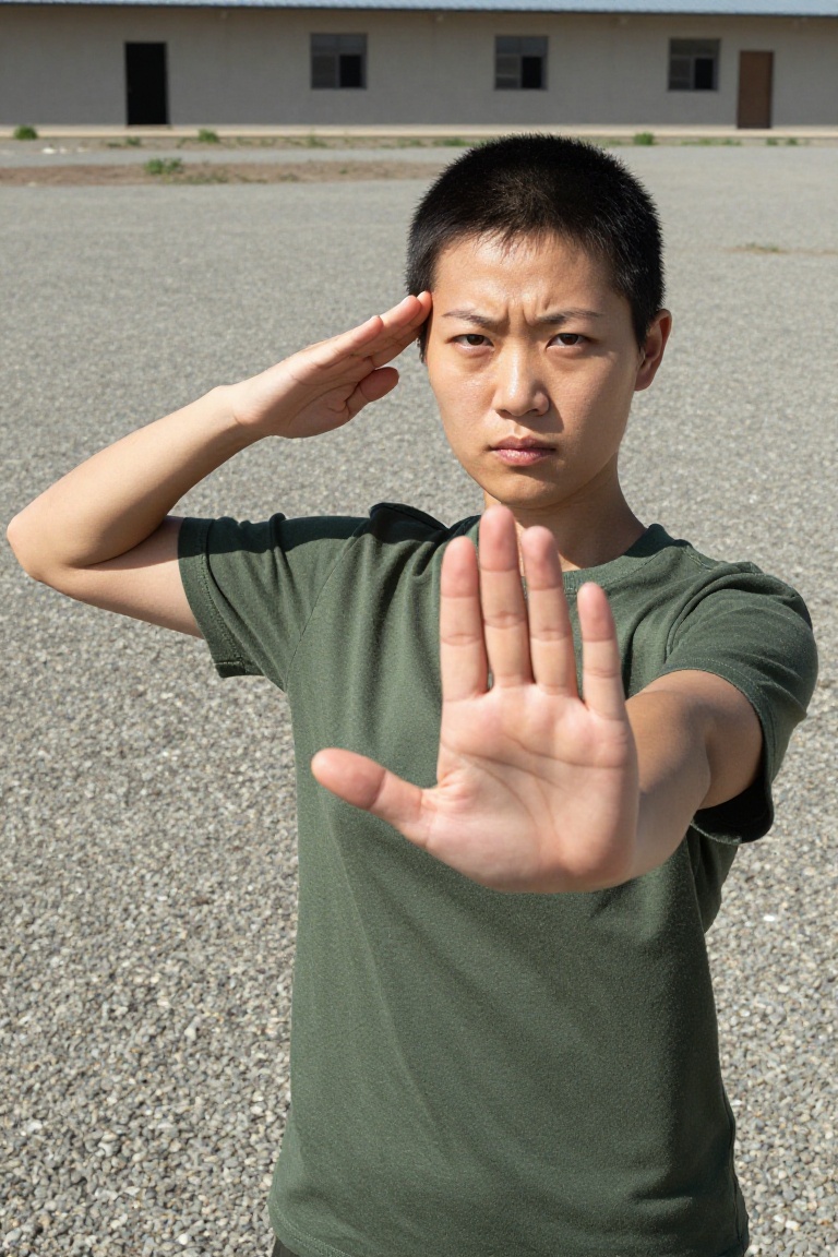a disciplined asian woman with ivory skin,  buzzcut black hair,  in military green t-shirt on Tensor.Art