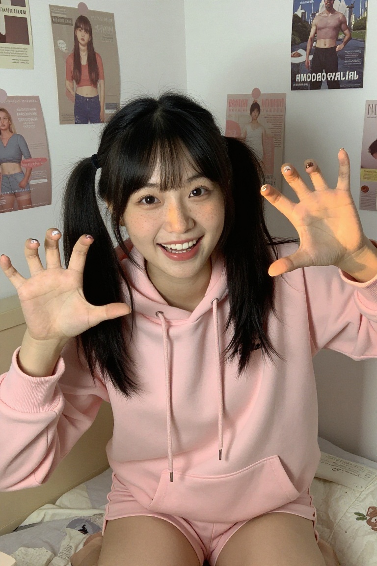a youthful asian woman with freckled fair skin,  twin tails black hair,  wearing pink hoodie and shorts on Tensor.Art