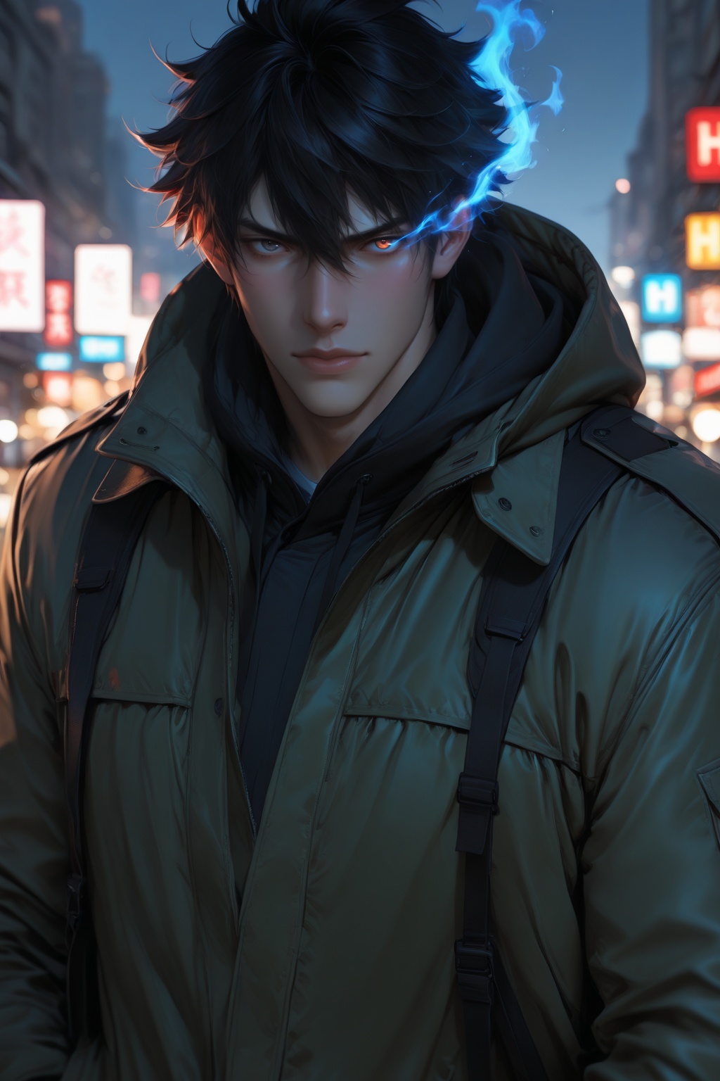 ........... solo looking at viewer short hair bangs blue eyes black hair 1boy hair between eyes green eyes jacket upper bo...
