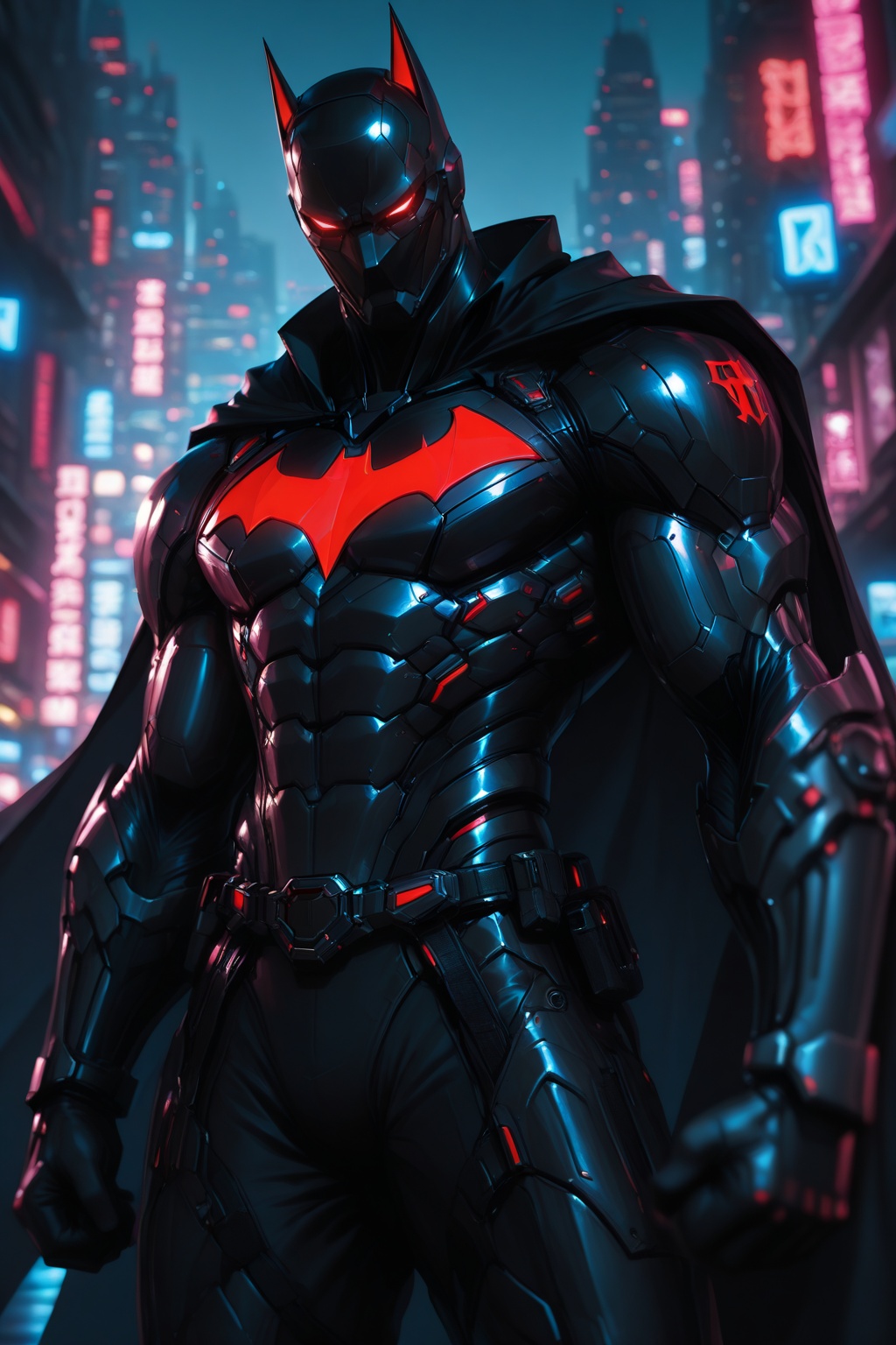 ........... 1 male,  Batman Beyond in futuristic armor,  neon white bat emblem glowing on Tensor.Art