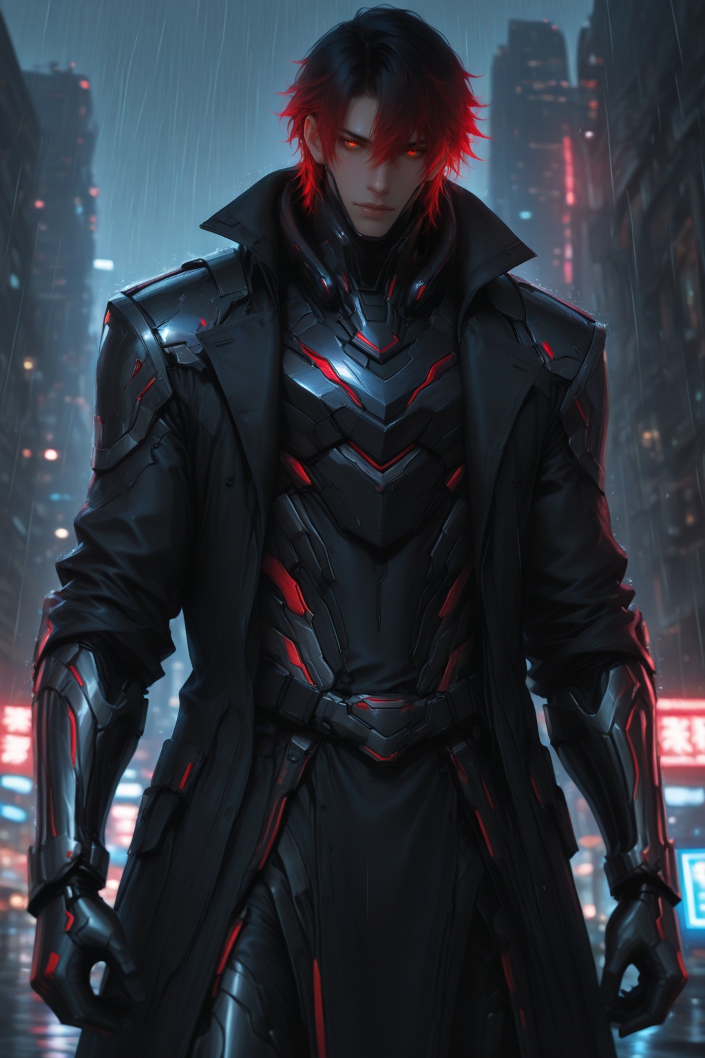 ........... ,  Rain streaks down grimy walls as a sleek cyborg crouches in the gloom. His metallic limbs reflect neon sign...