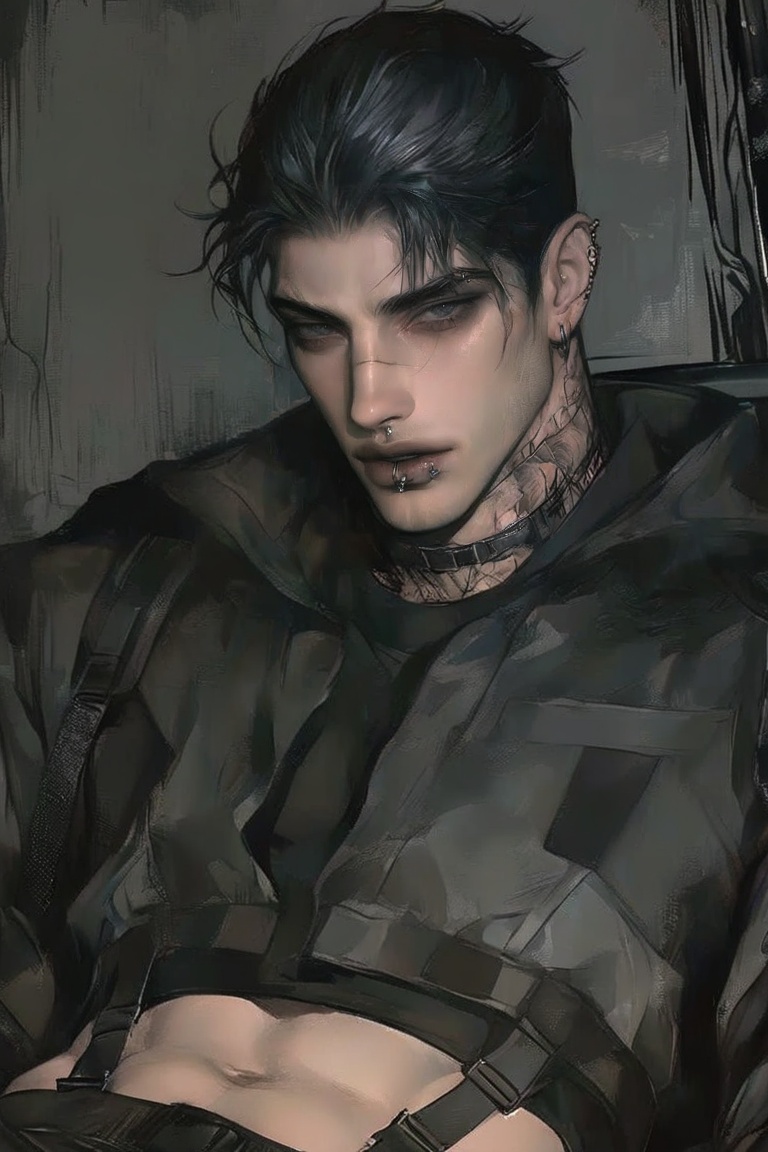 solo male figure,  jet black hair,  long and unstyled on Tensor.Art