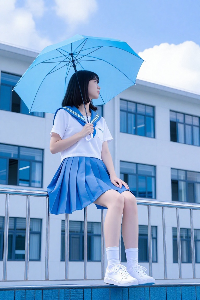 "Bathed in a serene glow,  a young woman in a blue and white school uniform sits contemplatively on a metallic railing,  h...