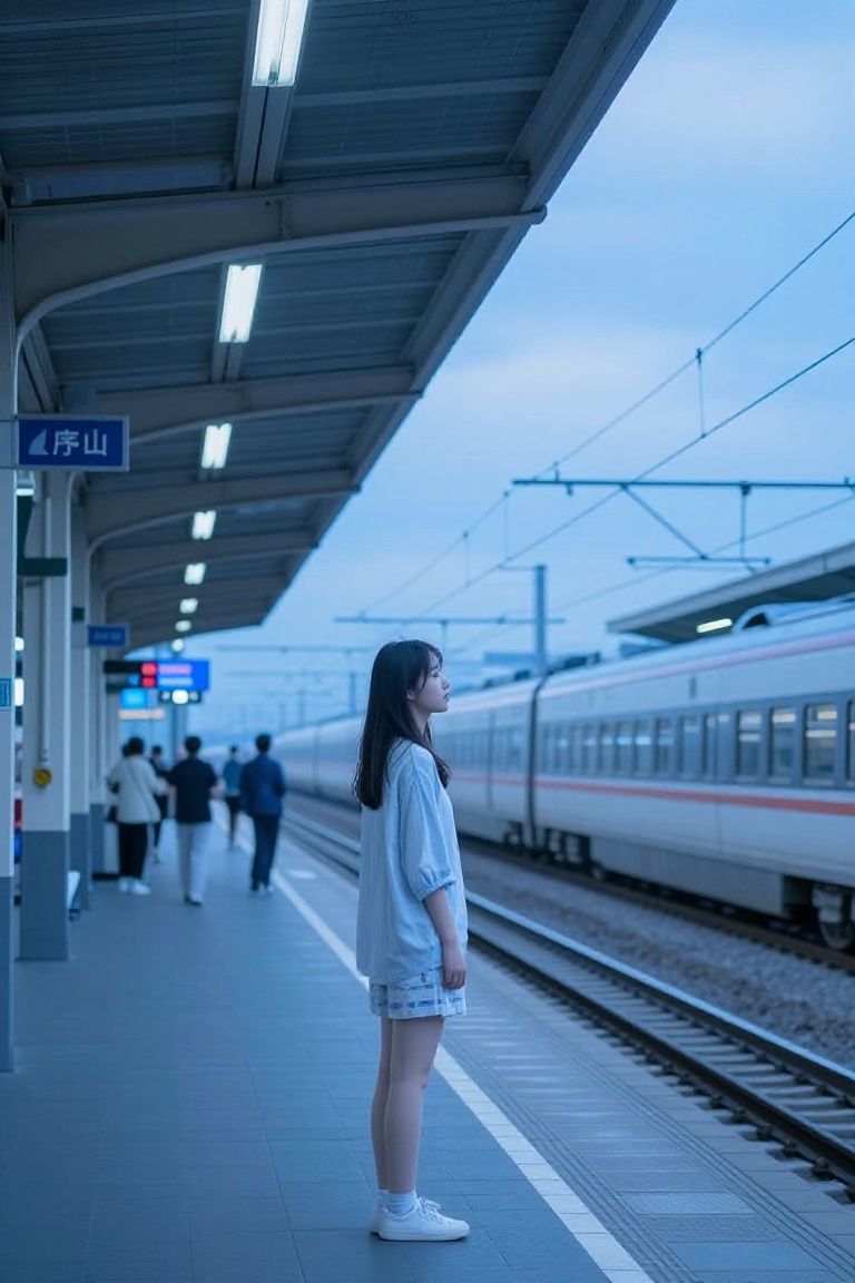 A deep blue filter casts a serene and tranquil mood over the scene. A young woman stands patiently,  her calm expression c...