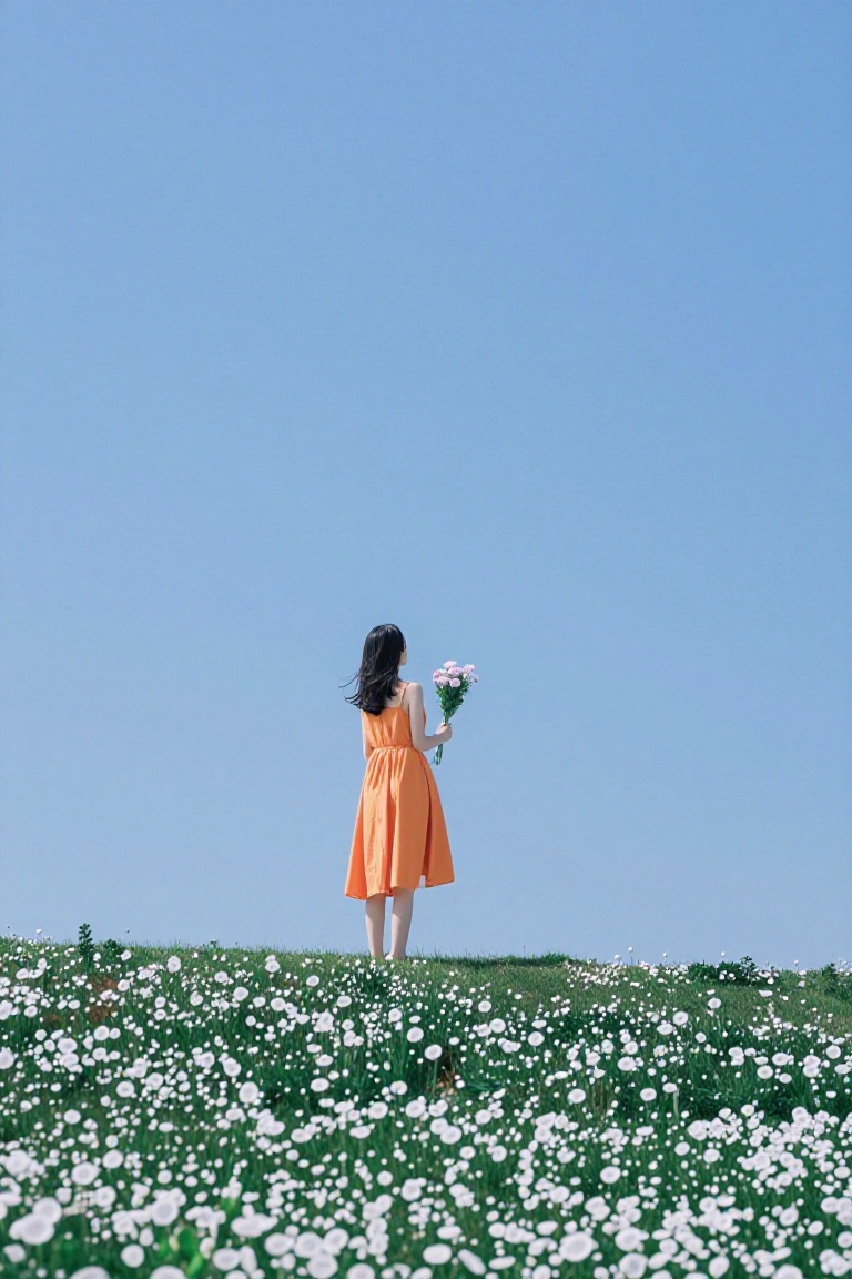 Against a wide,  serene sky enhanced by a subtle blue filter,  a young woman in a bright orange dress stands facing away o...