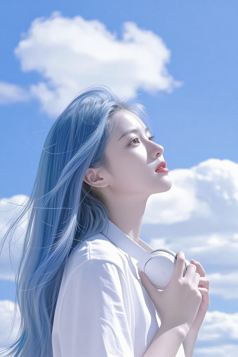 A serene figure with flowing blue-streaked hair gazes thoughtfully upward at a bright,  cloud-dotted sky while holding hea...