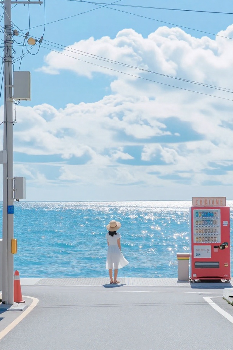 Imbued with a dreamy blue filter,  a solitary figure in a flowing white dress and straw hat stands at the end of a sun-dre...