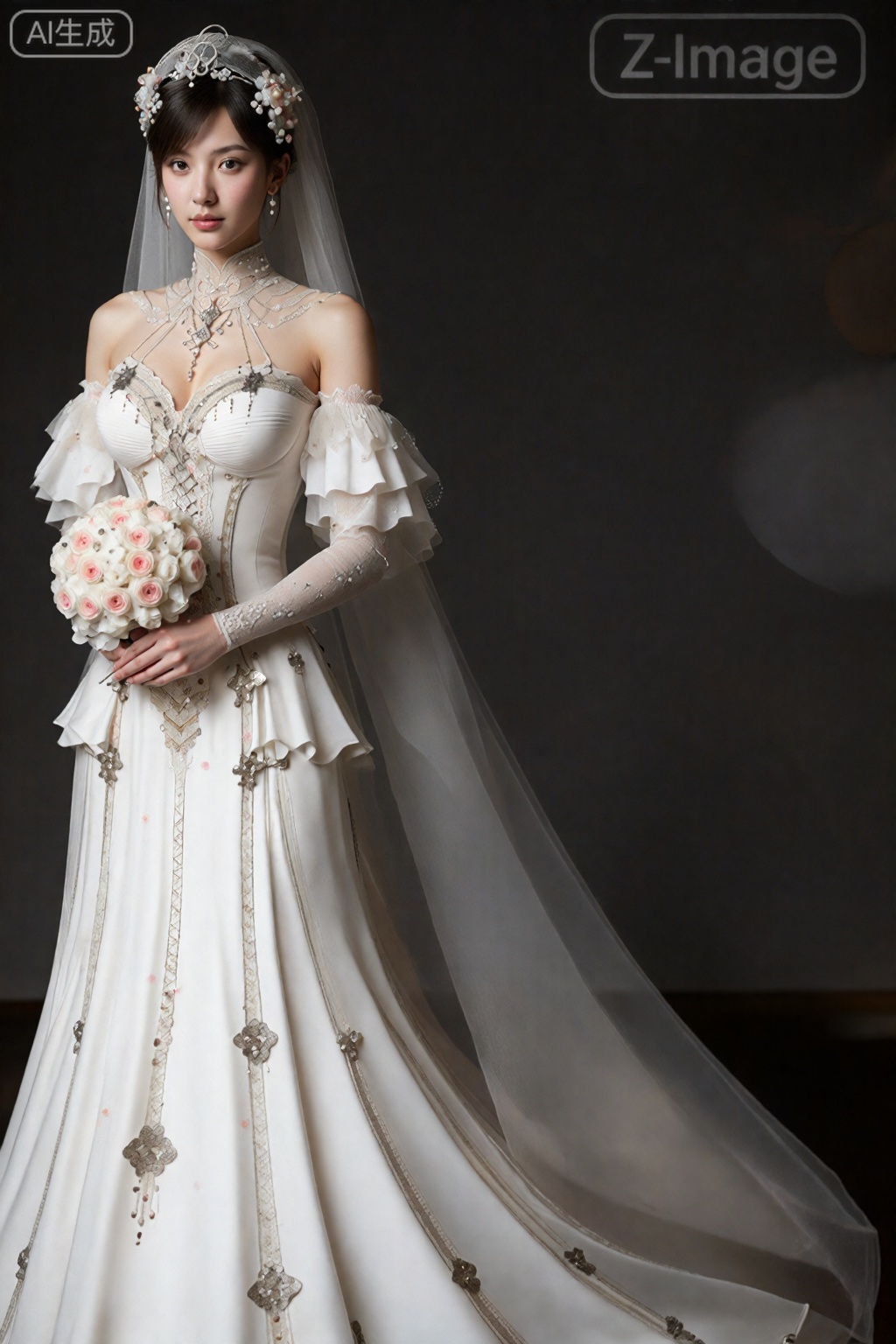  在图片右上方写文字“Z-Image”,
照片中一位年轻的亚洲新娘穿着优雅的露肩白色婚纱,饰有精致的蕾丝和珠饰。这款礼服采用修身美人鱼风格廓形,长长的飘逸裙裾饰有精致的花卉图案。她戴着透明的荷叶边面纱,戴着配套的及肘长的手套。她的深色头发盘成高髻,戴着花卉头饰。她手里拿着一束粉色和白色的玫瑰。背景是深色的渐变灰色,右上角隐约可见抽象的浅色图案。画面充满了柔和、浪漫的氛围,凸显了新娘优雅、从容的气质。
,徐欣