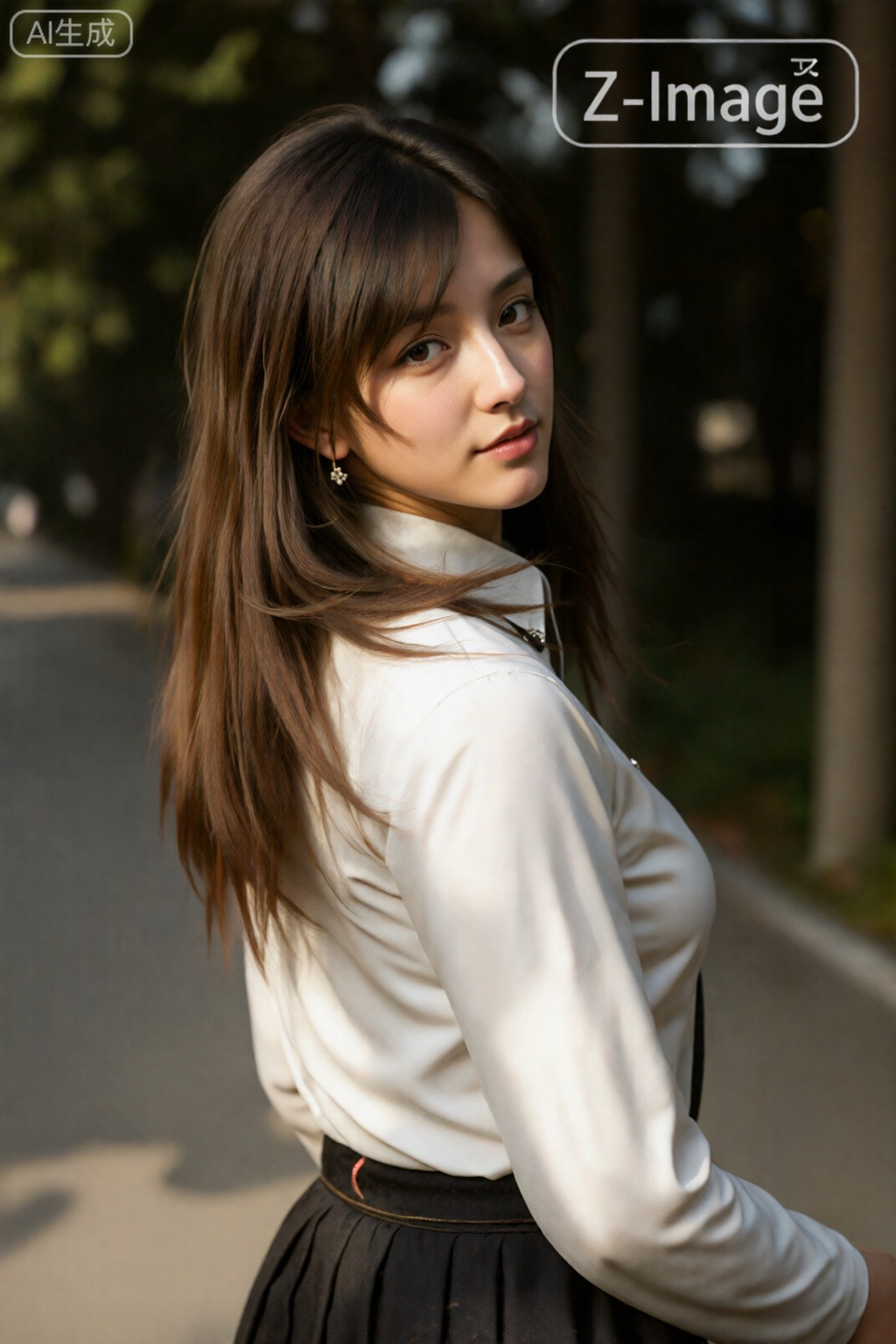  在图片右上方写文字“Z-Image”,
真人摄影,一位清纯的初恋学妹女友,在清晨的林荫道上回眸微笑,阳光透过树叶形成斑驳的光影,洒在她柔顺的长发和白皙的脸庞上,她穿着干净的白色衬衫和格纹短裙,眼神清澈充满活力,背景是模糊的绿色植物,突出人物主体,精致的壁纸风格,absurdres,细节锐利,皮肤纹理细腻,发丝分明,
镜头参数： Canon EOS R5,RF 85mm f/1.2L,光圈f/1.8,快门1/500s,ISO 100,
,徐欣,
