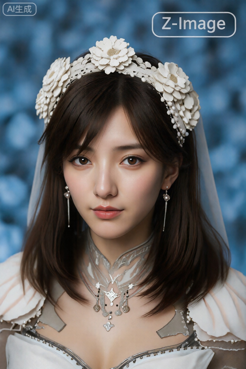  在图片右上方写文字“Z-Image”,
这是一张数码照片,照片上是一位年轻的东亚女性,皮肤白皙,五官精致,背景是蓝色和白色的花卉模糊背景。她有一头深棕色的直发,戴着白色的花卉头饰和透明的面纱。她那双杏仁形的棕色大眼睛画着精致的妆容,脸上挂着温柔的微笑。她的服装包括细节复杂的白色系带领口,上面有花卉和珠子装饰。她还戴着悬挂的紫色水晶耳环。图像具有柔和、梦幻的品质,背景营造出散景效果。
,徐欣,
