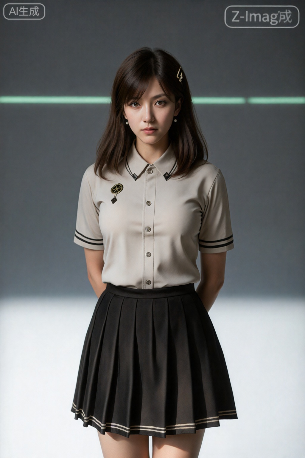  在图片右上方写文字“Z-Image”,
照片中是一位年轻的亚洲女性,皮肤白皙,长发齐肩,深棕色头发,带有柔和的波浪造型。她身材修长,身穿米色短袖纽扣衬衫,袖子有黑色条纹,下身是黑色百褶裙。这件衬衫的左胸处有一个金色的小徽章。她站在灰色和白色的背景下,背景上有一条微妙的绿色霓虹灯线。她的表情很平静,直视镜头。灯光柔和,突出了她的五官和衣服的质感。
,徐欣