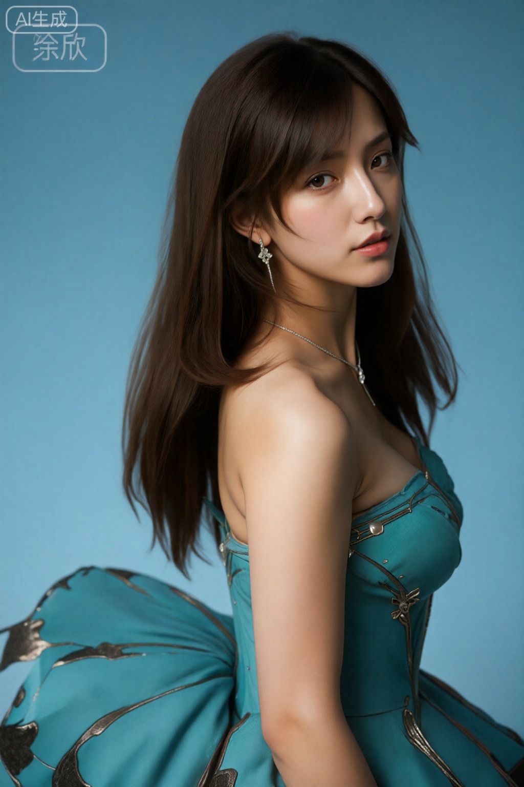 ,徐欣, 在图片左上方写上文字"Z-Image",
,真实照片,reality,
Photograph of an East Asian woman with fair skin and long, wavy brown hair, wearing a strapless, teal-colored ball gown adorned with large, feather-like textures and sparkling embellishments. She has a slender build and is wearing a silver choker necklace with matching earrings. Her makeup is subtle, with a focus on her red lips. The background is a gradient of soft blue, adding a dreamy, ethereal quality to the image. The lighting is soft, highlighting the textures and colors of her dress, and she gazes slightly to the side with a serene expression. The overall style is elegant and sophisticated.