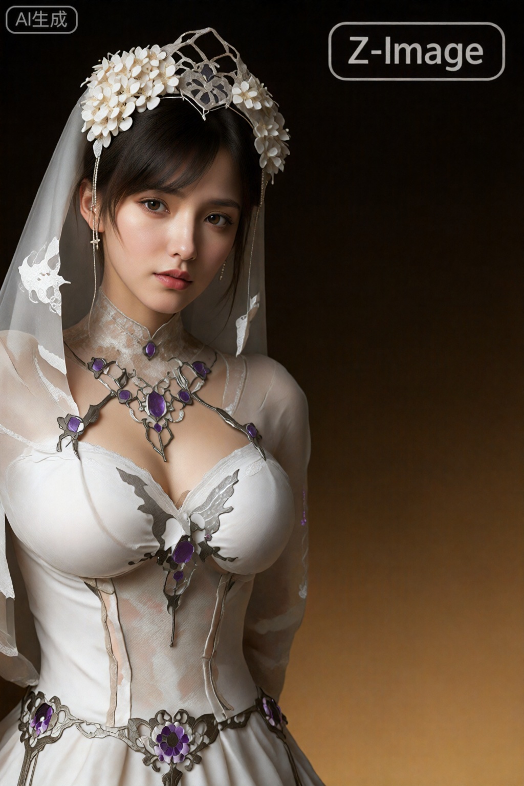  在图片右上方写文字“Z-Image”,
这是一张高度详细的数码照片,照片中一位亚洲女性穿着精美的奇幻新娘礼服。她皮肤白皙,看着镜头,深色头发,戴着白色花卉头饰,戴着白色蕾丝面纱。她的裙子是白色的,上面有复杂的花卉图案,深领口带有紫色宝石点缀,长袖上有蕾丝。她轻轻地抚摸着自己的手臂,手臂上装饰着华丽的花卉图案护臂。背景是深棕色到浅棕色的渐变,突出了她。整体风格奇幻空灵。

