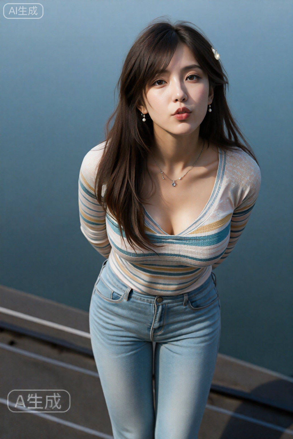 
Masterpiece, the best quality, high quality, huge breasts, (black hair: 1.4), (long legs: 1.3), (thin legs: 1.4), 1girl, portrait photography, daily snapshot style, no careful composition or lighting, cool white skin, beauty filter.
The beauty in the picture is wearing a white colorful striped sweater and light blue tight jeans. The design is simple and close-fitting, with an S-curved figure. Her long brown hair is shawl, highlighting the beauty of her collarbone.
She has an oval face with a pointed chin, fair skin, translucent makeup, and an even and natural complexion. The background is the guardrail beside the West Lake in Hangzhou.
The beauty acted naughty and cute, blowing a kiss to the camera. Reasonable and full colors, freehand brushwork, infiltration, flow, light and shadow contrast, the overall picture has a sense of hierarchy. Realistic, photorealistic, 32K ultra-high definition image quality, ultra-high detail accuracy.,,徐欣