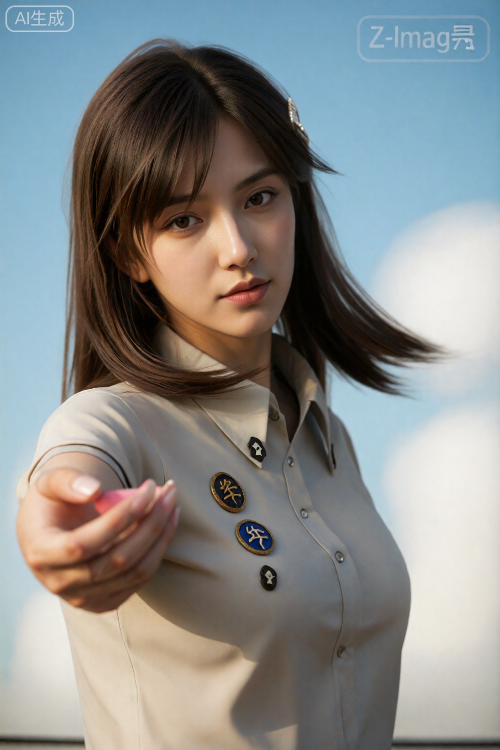  在图片右上方写文字“Z-Image”,
这是一张数字CGI 图像,主角是一位年轻迷人的亚洲女性,皮肤白皙,棕色长直发。她穿着一件浅米色短袖纽扣衬衫,上面装饰着蓝色和黄色补丁。这名女子以一种轻微、中性的表情直视镜头,她向观众伸出右手,手里拿着一个粉红色的小物体。背景是柔焦的天空和蓬松的白云,给人一种宁静的户外感觉。。整体风格写实、细致。
,徐欣,
