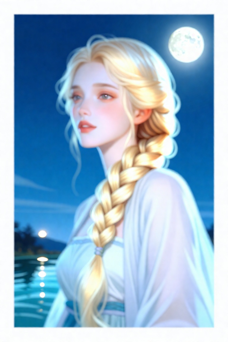 A gorgeous fairy woman with long blond braided hair,  glowing softly under silvery moonlight near a tranquil river,  half...