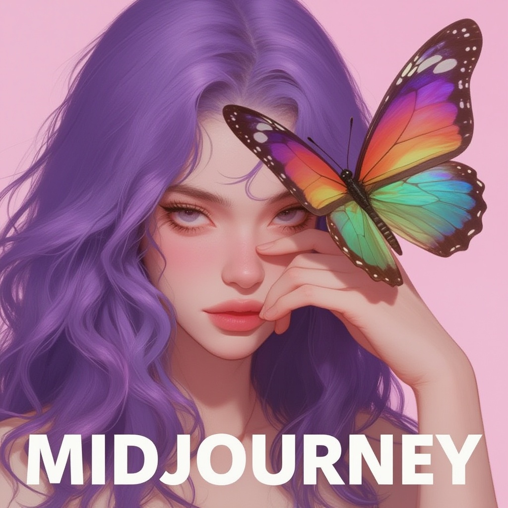 epic text that read "MIDJOURNEY" below her portrait,  animaport of a woman with wavy purple hair and a big rainbow colored...
