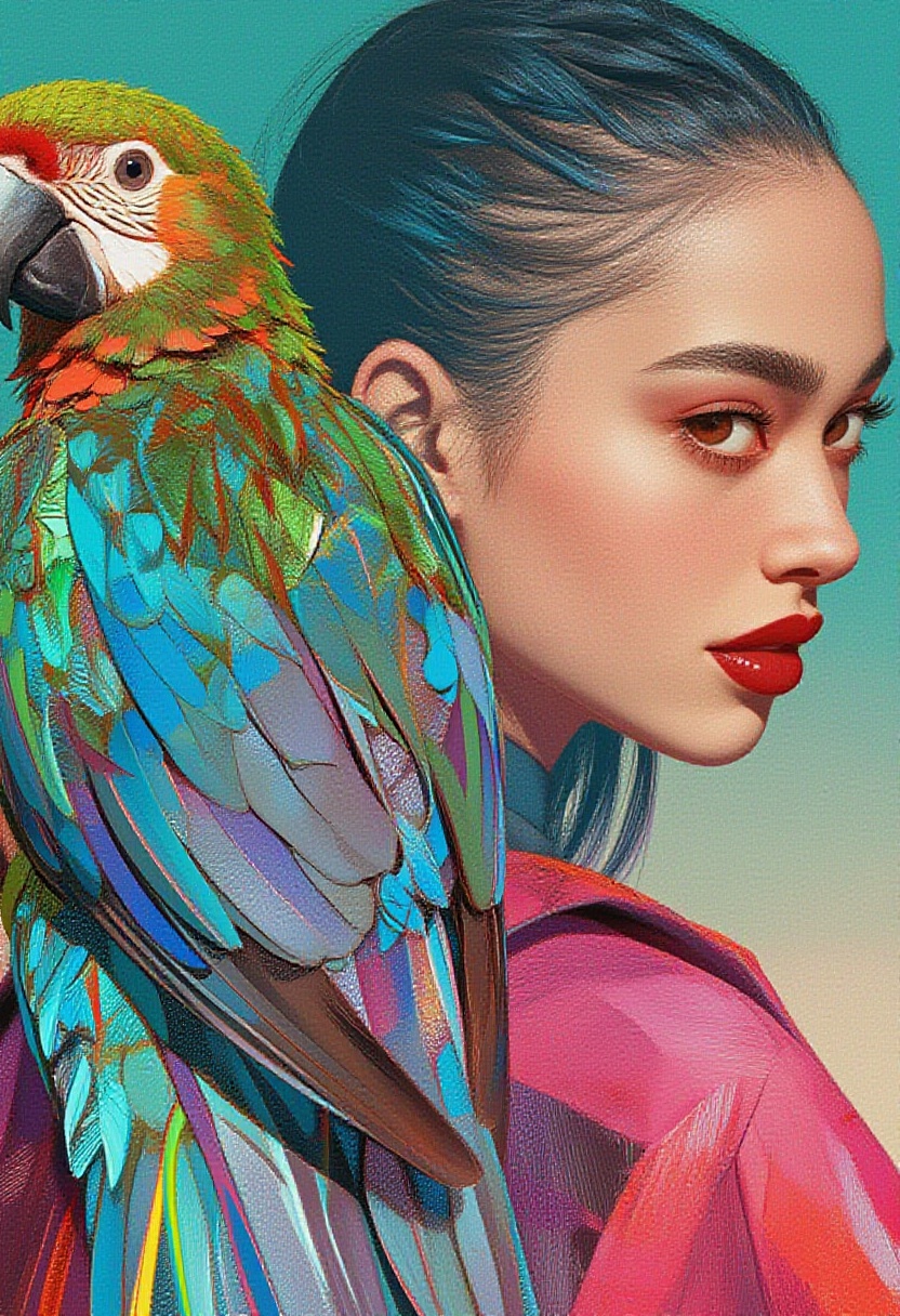 animaport of a woman with sleek black hair and a parrot perched on her shoulder,  against a gradient teal background,  vib...