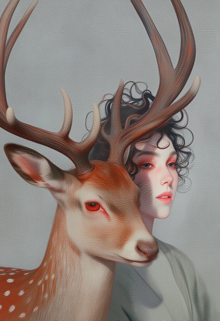 animaport,  portrait of a woman with wavy dark hair and a gentle deer,  set against a light gray background on Tensor.Art