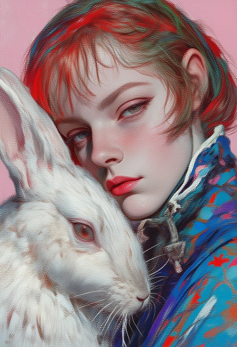 animaport,  portrait of a woman with short red hair and a white rabbit,  against a soft pink background on Tensor.Art