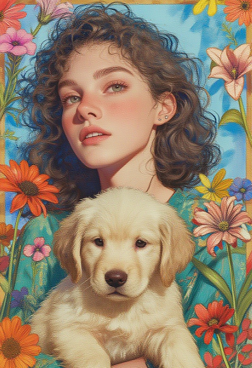 animaport of a woman with curly brown hair and a golden retriever puppy,  against a pale blue background,  vibrant and bri...
