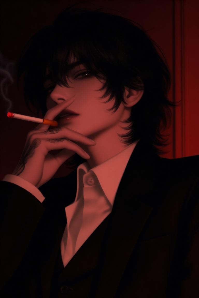 3d_niji_art,  The image depicts a stylized,  dark-themed artwork of an ***** woman with short black hair and bangs. The in...