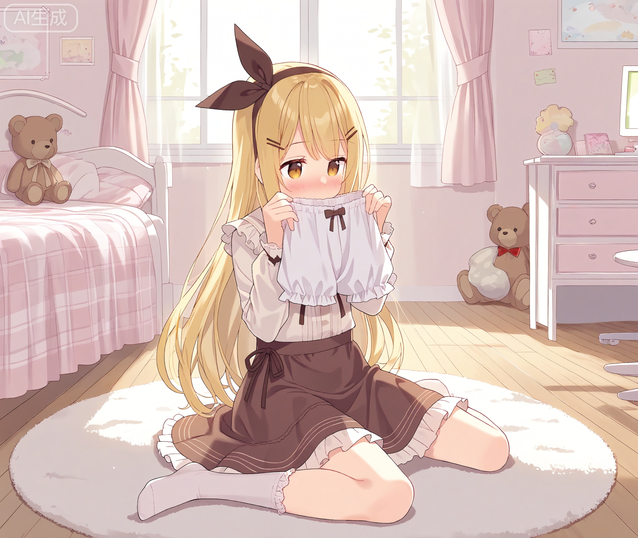 1girl, solo, long hair, blush, bangs, skirt, blonde hair, shirt, hair ornament, long sleeves, bow, ribbon, holding, brown eyes, sitting, very long hair, underwear, full body, hair ribbon, yellow eyes, white shirt, hairband, frills, day, socks, hairclip, indoors, pillow, book, hands up, window, black ribbon, bed, nose blush, wariza, no shoes, stuffed toy, table, stuffed animal, frilled skirt, black hairband, curtains, white socks, teddy bear, brown skirt, wooden floor, bloomers, holding clothes, covered mouth, bedroom, brown bow, rug, brown hairband, chest of drawers