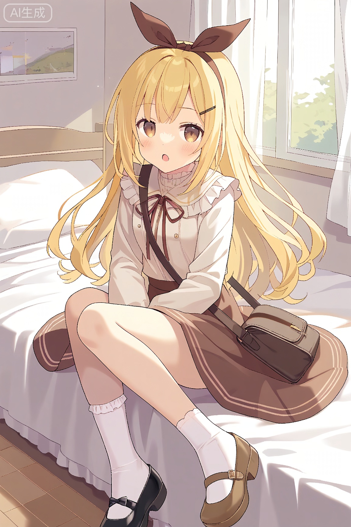 1girl, solo, long hair, looking at viewer, blush, open mouth, bangs, skirt, blonde hair, shirt, hair ornament, long sleeves, ribbon, sitting, full body, hair ribbon, yellow eyes, white shirt, hairband, frills, shoes, socks, hairclip, indoors, feet, window, bed, neck ribbon, on bed, curtains, white socks, mary janes, brown skirt, bedroom, single shoe,YanQiaoke,long_hair,shoulder bag,brown eyes,Long skirt,yellow hair,ribbon headband