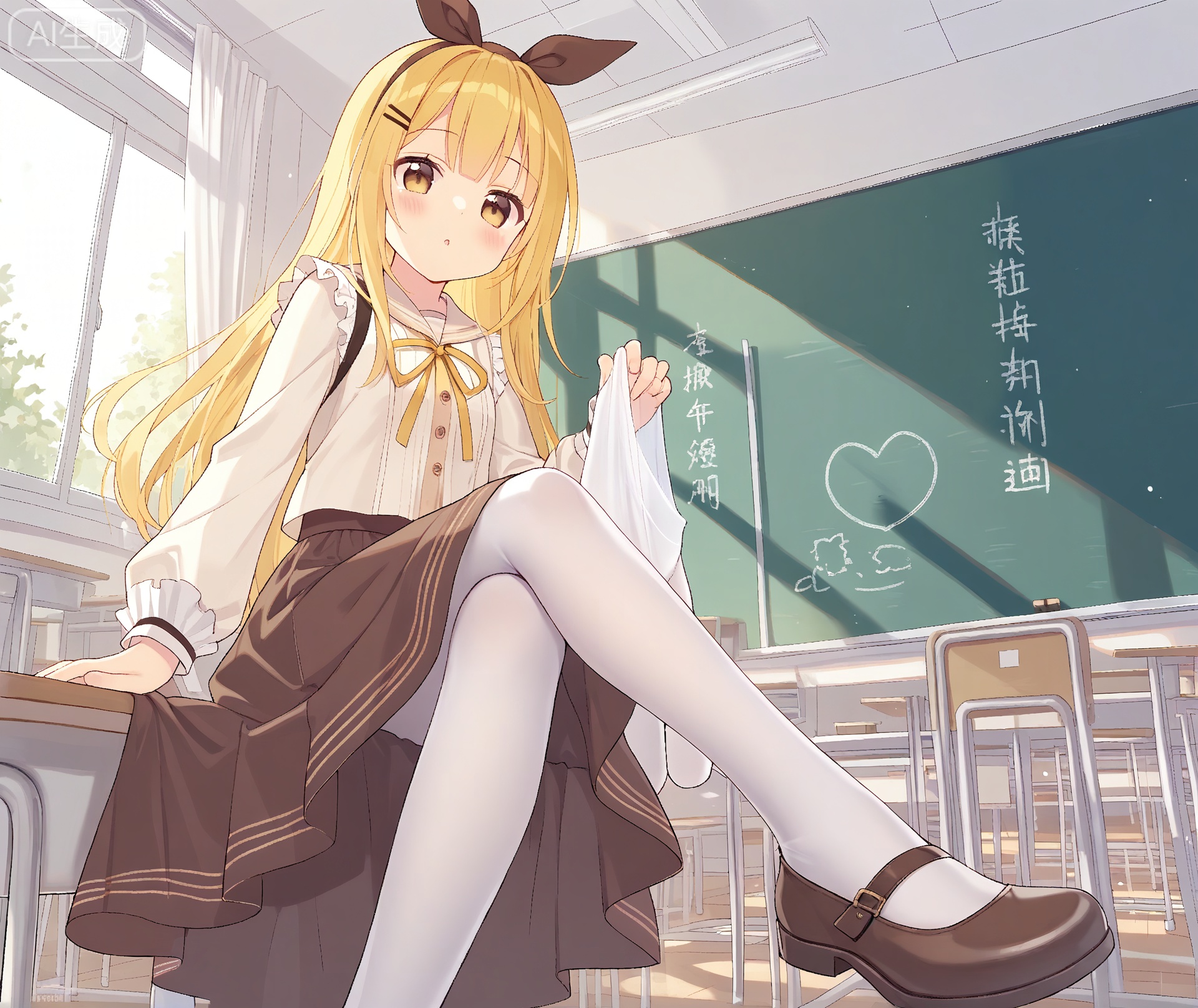 1girl, solo, long hair, looking at viewer, blush, bangs, skirt, blonde hair, shirt, hair ornament, long sleeves, bow, ribbon, holding, sitting, school uniform, yellow eyes, white shirt, pantyhose, frills, parted lips, shoes, hairclip, indoors, bag, window, neck ribbon, chair, brown footwear, from below, crossed legs, curtains, mary janes, desk, white pantyhose, brown skirt, yellow ribbon, holding clothes, chinese text, classroom, school desk, chalkboard, brown bow, on desk, school chair, school, sitting on desk,YanQiaoke,long_hair,shoulder bag,brown eyes,Long skirt,yellow hair,ribbon headband