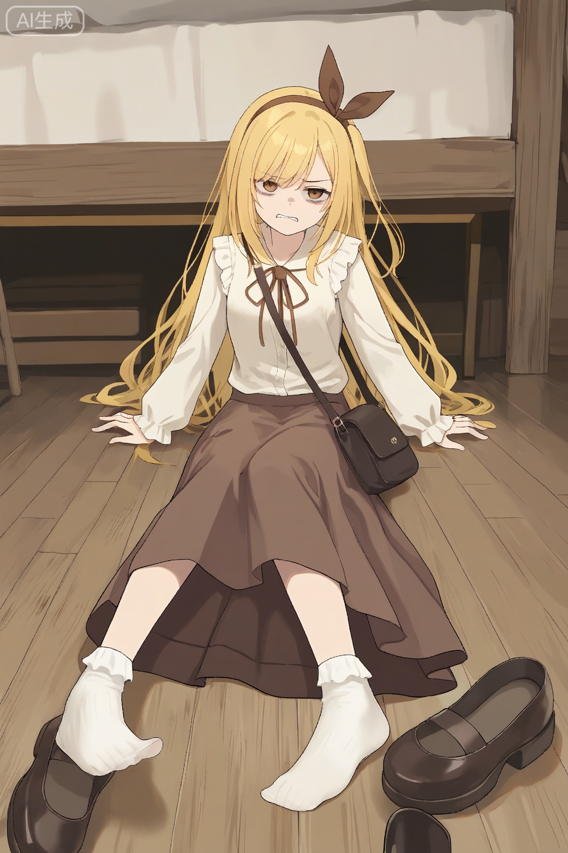 A YanQiaoke sits on a worn wooden floor, her long, curly yellow hair tied back with a ribbon headband. She wears a white shirt and a brown skirt, the latter lifted to reveal her socks and toes. Her brown eyes flash with disgust as she holds her shoes in one hand and lifts the hem of her skirt with the other, her feet bare and pale.,long_hair,shoulder bag,Long skirt