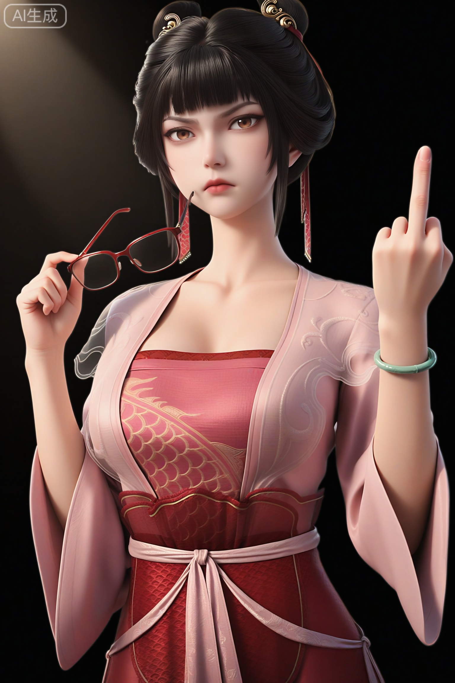 masterpiece,best quality,absurdres,highres,
BREAK
1girl,solo,black hair,bangs,hair ornament,hair bun,hair ribbon,brown eyes,jitome,disgust,eyewear on head,
hanfu,see-through,beltskirt,sash,long dress,bracelet,
collarbone,(large breasts),puffy chest,
looking at viewer,(middle_finger),upper body,(adjusting_eyewear:1.1),
BREAK
simple background,Tyndall effect,Cinematic Lighting,Volumetric Lighting,