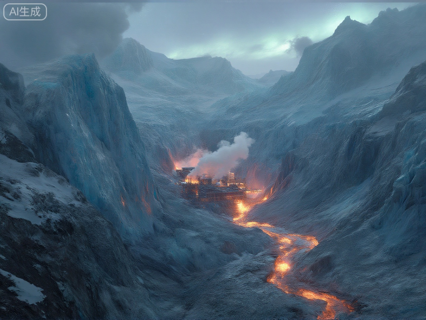 A vast, frozen arctic valley dominated by two features: massive, crystalline blue glaciers that look hundreds of meters high, and a colossal, active geothermal industrial complex built directly into the ice and surrounding rock faces. Rivers of glowing, molten slag flow from the plant's vents, cutting paths of orange light across the otherwise monochrome, snow-covered landscape. Smoke and steam billow violently against a pale, aurora-lit night sky. The scene must convey an overwhelming scale of human industry against the raw power of nature.