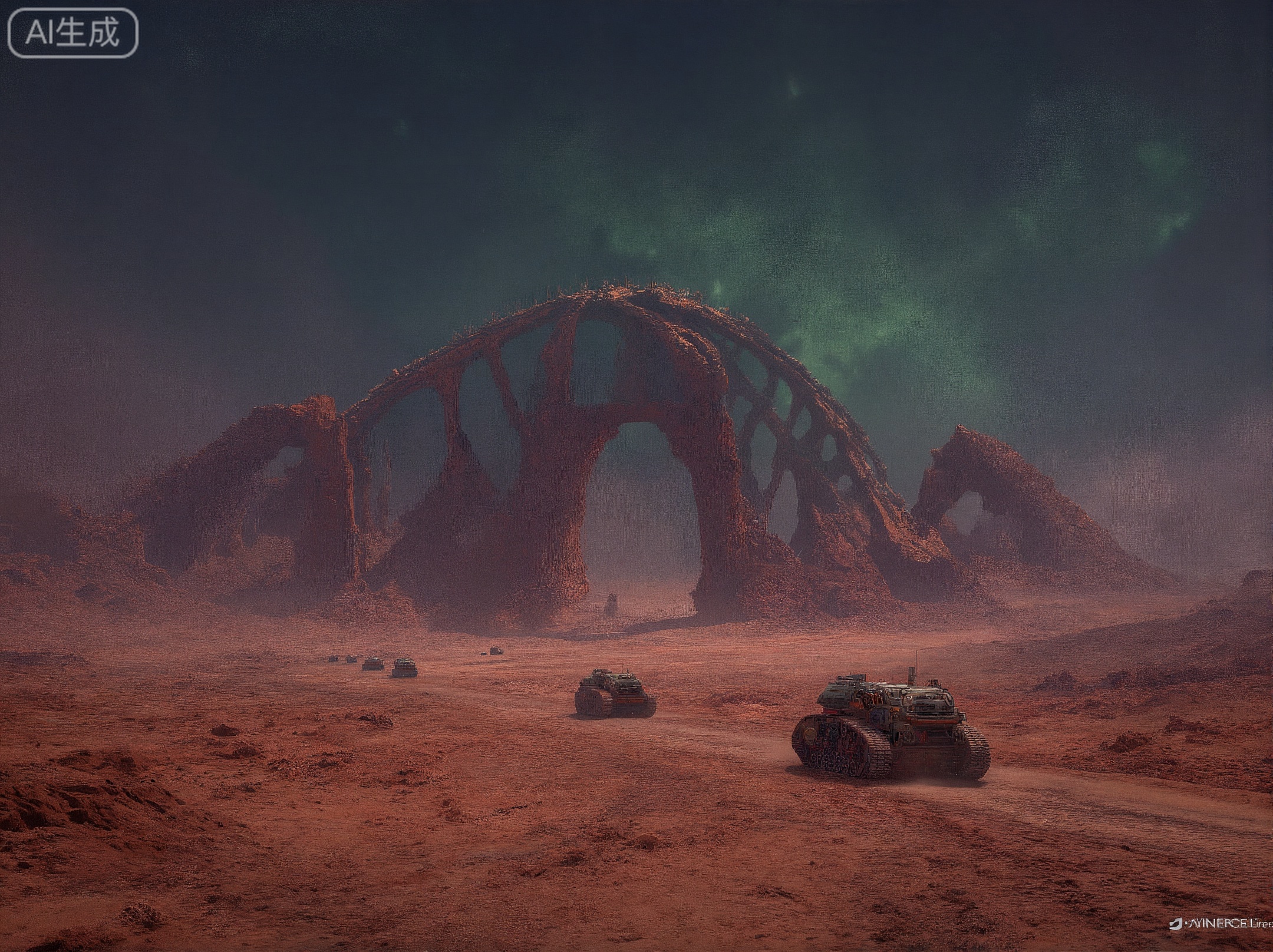 A desolate, ultra-barren megaspace of crimson sand dunes stretching to a horizon warped by extreme heat haze. In the very center stands a gargantuan, half-excavated skeletal remains of a forgotten cosmic entity, its segmented spine forming a series of massive, arching gateways. A caravan of heavily armored, tracked terraforming vehicles slowly approaches, dwarfed by the landscape. The atmosphere is thick with fine dust, and the sky is a deep indigo transitioning to green near the sun, suggesting a chemically volatile environment