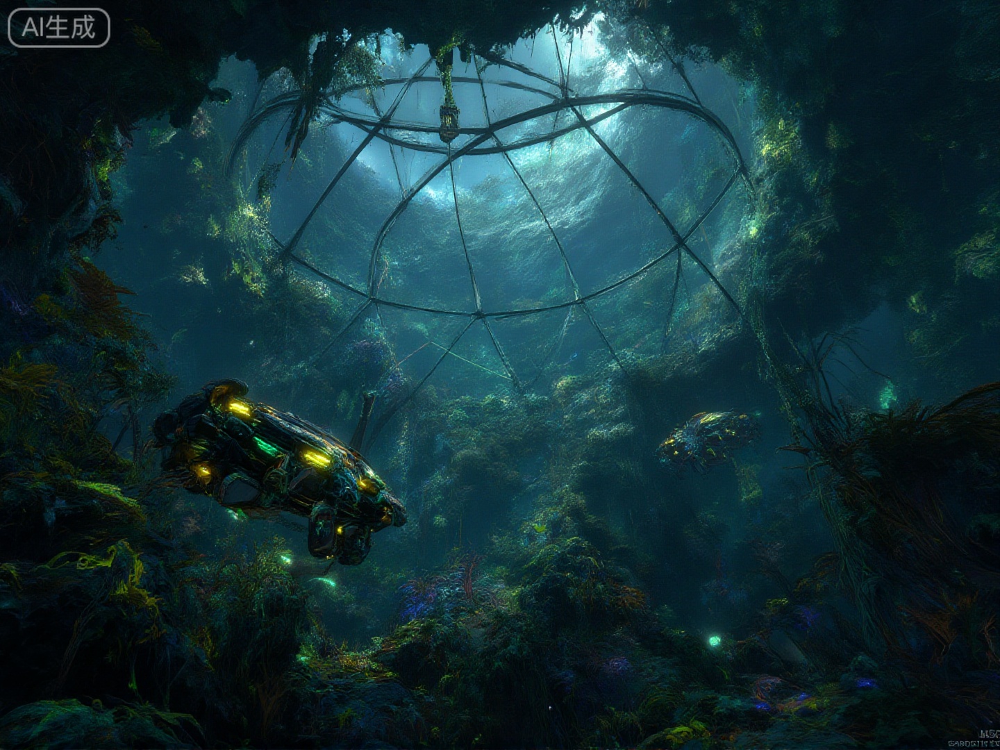 The interior of an immense, kilometer-wide geodesic bio-dome submerged deep beneath an ocean of churning, black, hydrocarbon liquid. The dome's glass panels are cracked and leaking, and the internal environment—a lush, neon-saturated tropical rainforest—is slowly being flooded and compressed. Ancient, automated maintenance drones, covered in clinging phosphorescent algae, navigate the rising water levels, trying to repair the colossal structure. Focus on the contrast between the vibrant, dying plant life and the crushing, dark pressure.