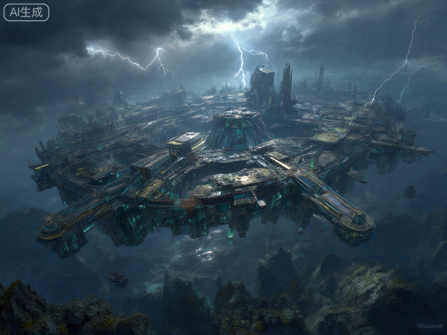An awe-inspiring, colossal floating city-state, constructed from iridescent, weathered metal and bioluminescent crystalline structures, drifting silently through a dense, perpetual electric storm cloud layer over an endless, petrified alien jungle. The primary light source is the intermittent, violent flashes of lightning revealing vast, cathedral-like docking bays and intricate, fractal pathways connecting the different city sectors. Low-altitude anti-gravity vessels navigate the chaotic air currents. Emphasize the sense of scale, danger, and solitary grandeur.