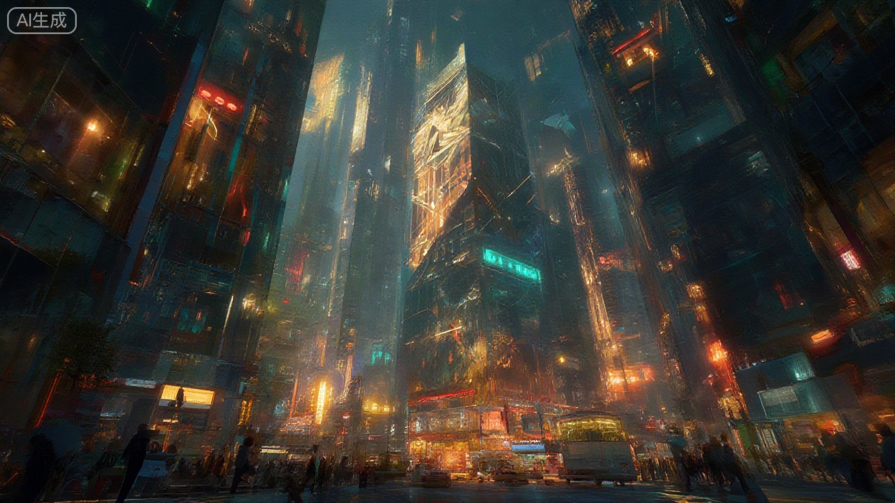 A vibrant geometric cityscape at night, with towering skyscrapers adorned with intricate geometric patterns, neon lights reflecting off glass facades, and bustling streets filled with people. The composition captures a wide-angle view, showcasing the city's grandeur, with a central focus on a bustling intersection. The lighting is dynamic, with warm neon hues contrasting against cool shadows, creating a futuristic atmosphere. The scene is alive with movement, featuring pedestrians, cars, and public transport, all framed against the backdrop of a glowing, geometric metropolis.