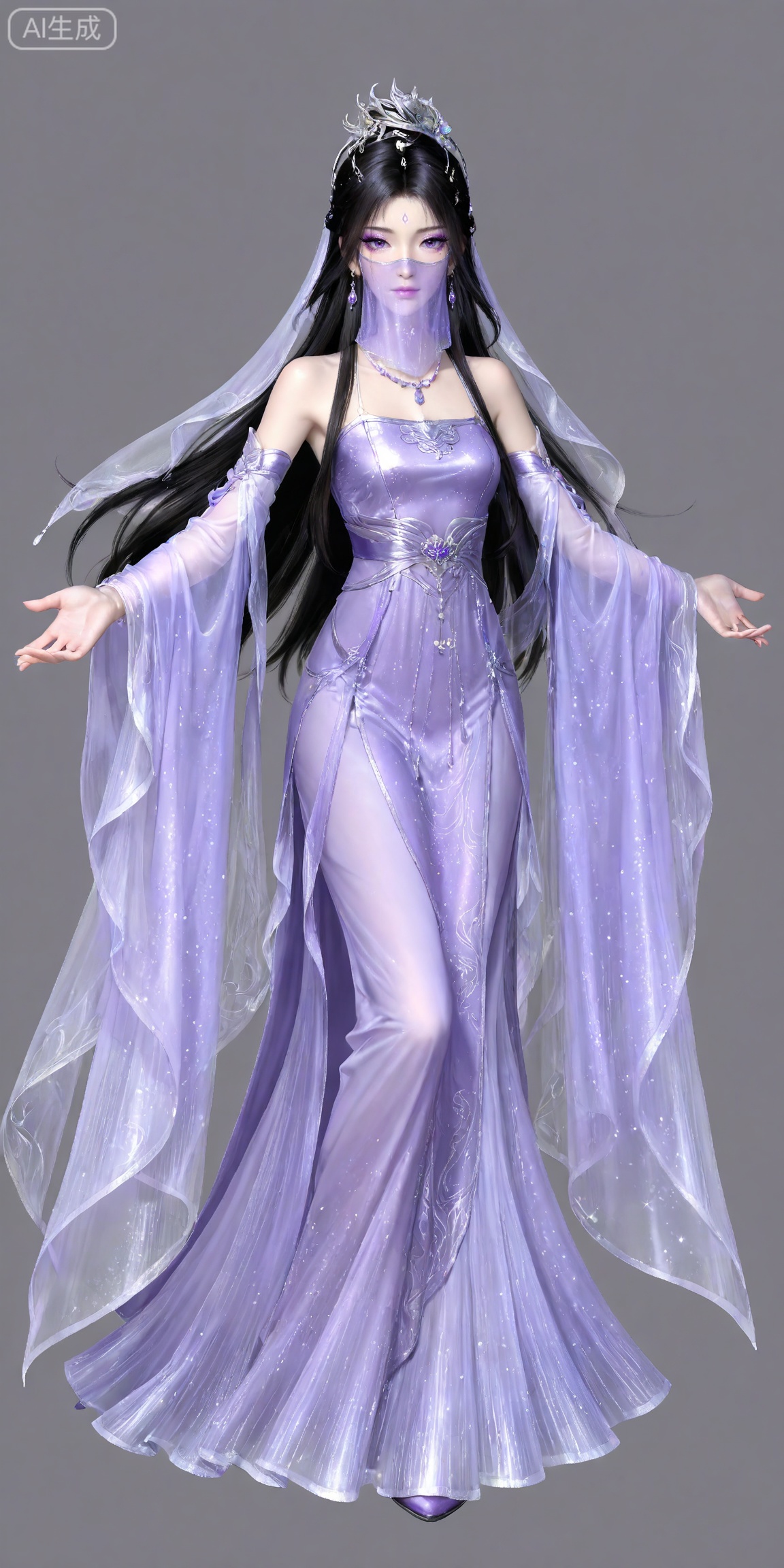masterpiece,high quality,tall,game cg,highres,(soft light:1.2),white_skin,(shiny_skin:0.6),(realistic:1.1),,
ziling,1girl,veil,solo,earrings,jewelry,black hair,purple eyes,hair ornament,long hair,glitter,mouth veil,looking at viewer,closed mouth,makeup,eyeshadow,purple eyeshadow,,mascara,glitter,
lvjing,1girl,solo,dress,long hair,full body,outstretched arms,jewelry,hair ornament,forehead mark,purple dress,grey background,simple background,detached sleeves,necklace,earrings,bare shoulders,facial mark,spread arms,chinese clothes,closed mouth,tiara,