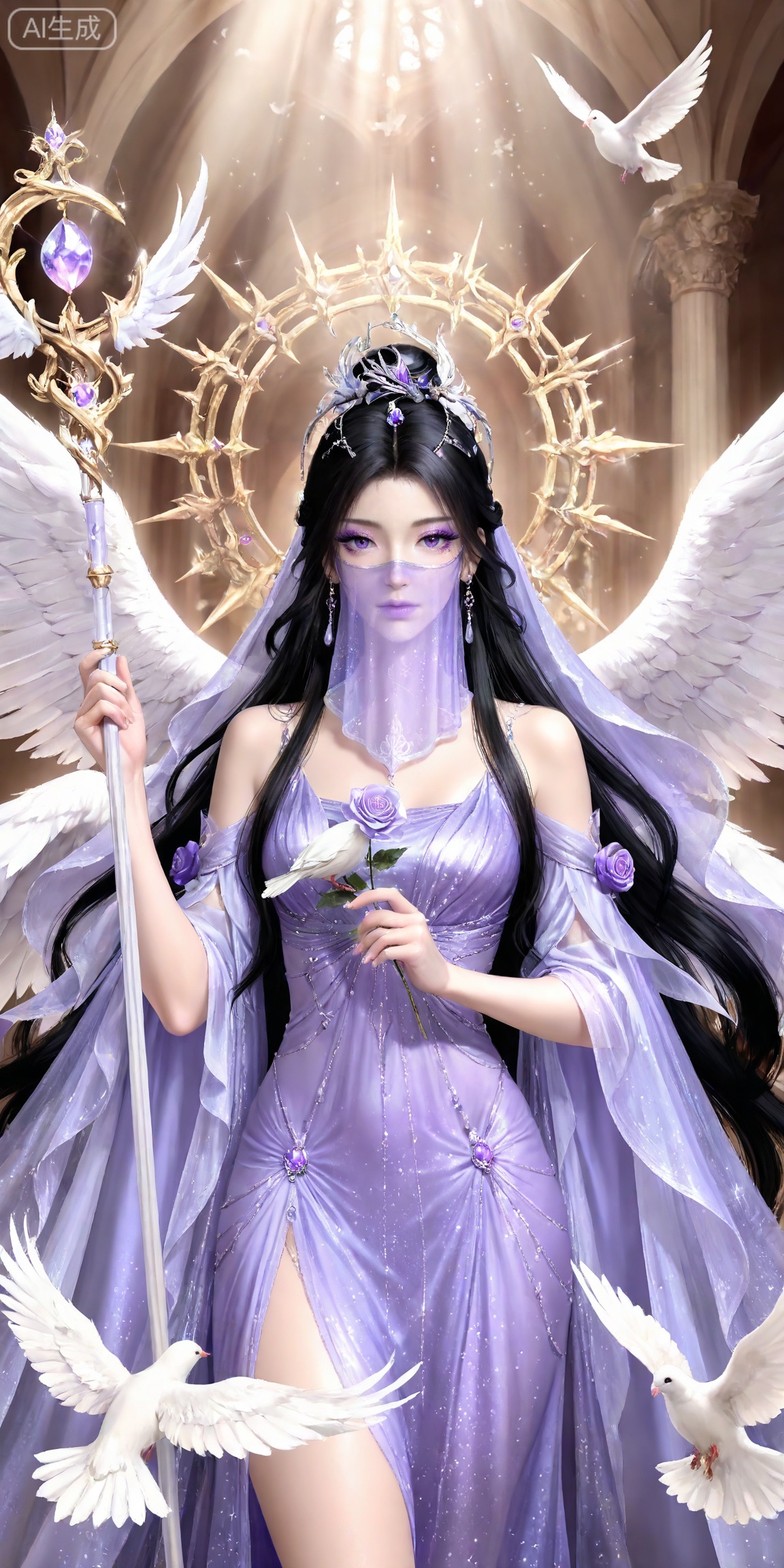 masterpiece,high quality,tall,game cg,highres,(soft light:1.2),white_skin,(shiny_skin:0.6),(realistic:1.1),,
ziling,1girl,veil,solo,earrings,jewelry,black hair,purple eyes,hair ornament,long hair,glitter,mouth veil,looking at viewer,closed mouth,makeup,eyeshadow,purple eyeshadow,,mascara,glitter,
lvjing,1girl,wings,solo,bird,flower,long hair,dress,dove,angel wings,feathered wings,very long hair,holding,white wings,purple dress,rose,staff,multiple wings,animal,4,