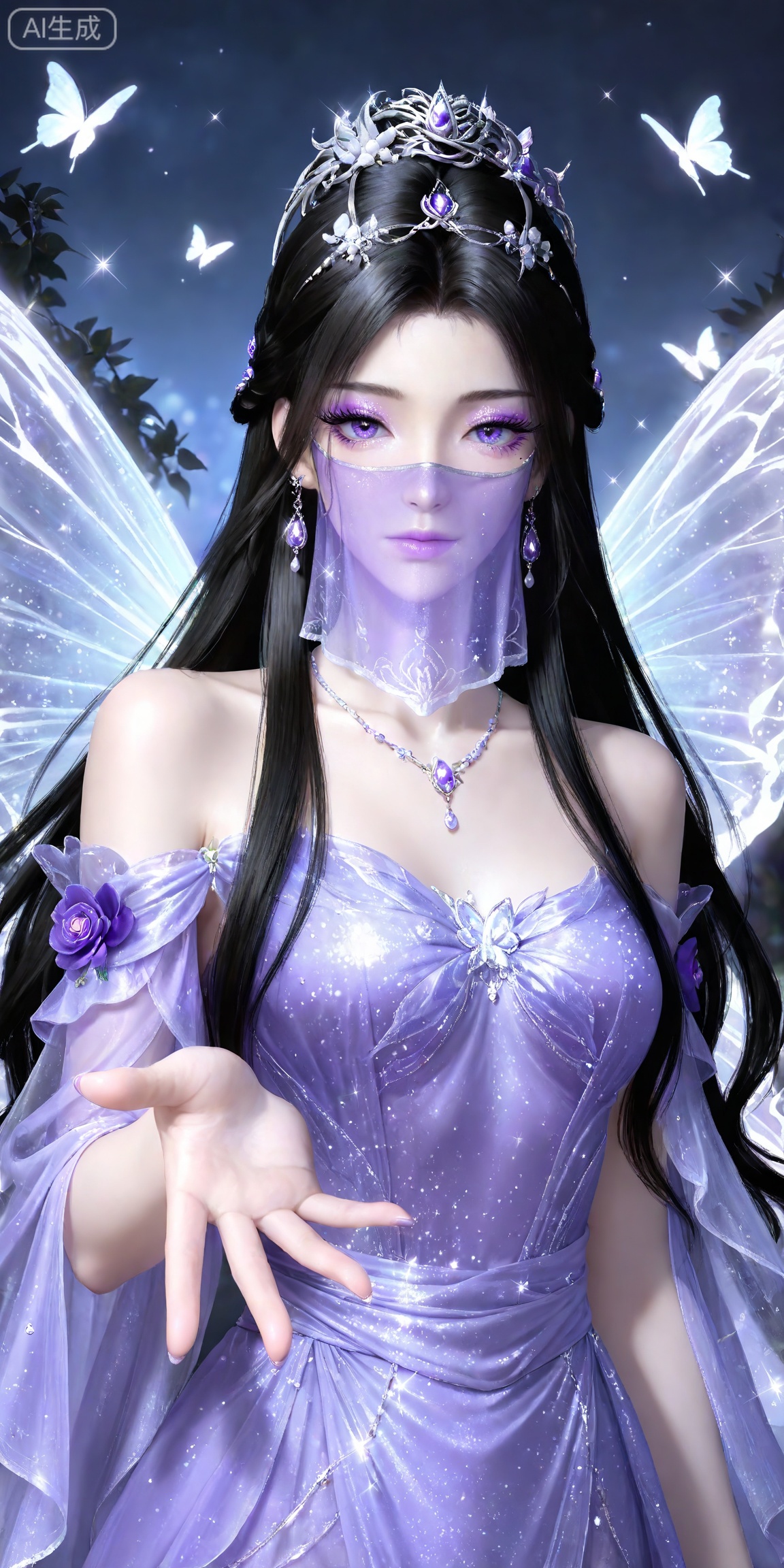 masterpiece,high quality,tall,game cg,highres,(soft light:1.2),white_skin,(shiny_skin:0.6),(realistic:1.1),,
ziling,1girl,veil,solo,earrings,jewelry,black hair,purple eyes,hair ornament,long hair,glitter,mouth veil,looking at viewer,closed mouth,makeup,eyeshadow,purple eyeshadow,,mascara,glitter,
lvjing,1girl,dress,long hair,purple dress,hair ornament,butterfly,jewelry,bug,solo,wings,insect wings,veil,earrings,flower,tiara,necklace,night,butterfly wings,sparkle,outstretched hand,bare shoulders,30,