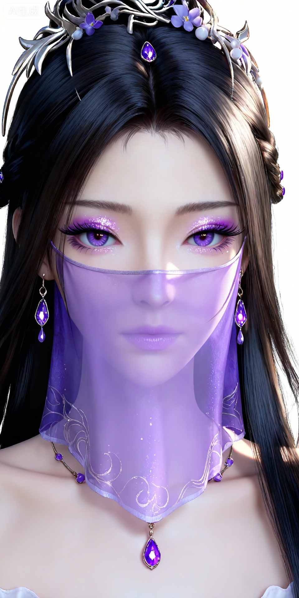 masterpiece,high quality,tall,game cg,highres,(soft light:1.2),white_skin,(shiny_skin:0.6),(realistic:1.1),,ziling,1girl,veil,solo,earrings,jewelry,black hair,white background,purple eyes,hair ornament,long hair,simple background,glitter,mouth veil,looking at viewer,closed mouth,makeup,eyeshadow,purple eyeshadow,
1girl,solo,jewelry,dress,earrings,white dress,flower,looking at viewer,necklace,purple flower,ribbon,collarbone,sunlight,